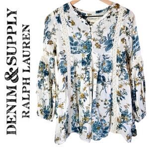 RALPH LAUREN DENIM & SUPPLY Lace Blue White Floral Blouse Top – Small